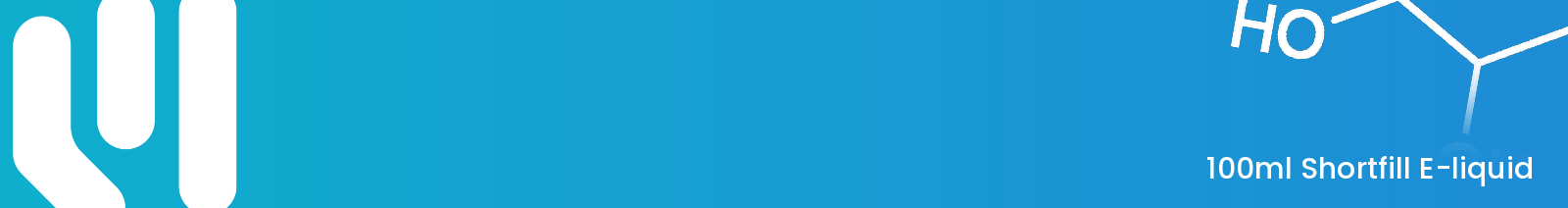 A blue gradient banner with a white stylised logo on the left and an outlined molecule diagram on the right, with white text reading "100ml Shortfill E-liquid".