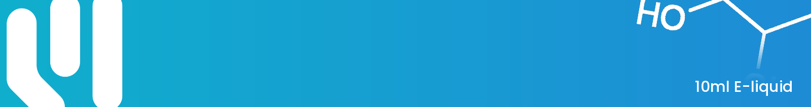 A blue gradient banner with a white stylised logo on the left and an outlined molecule diagram on the right, with white text reading "10ml E-liquid".