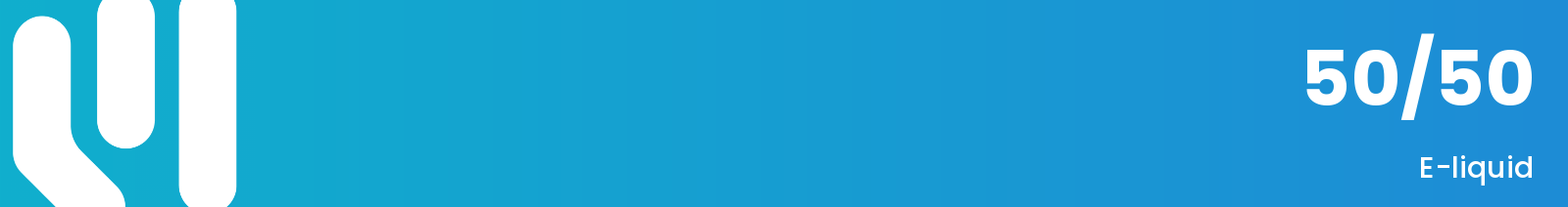 A blue gradient banner with a white stylised logo on the left and white text reading "50/50 E-liquid".