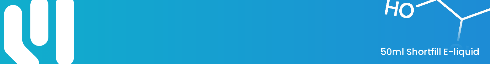 A blue gradient banner with a white stylised logo on the left and an outlined molecule diagram on the right, with white text reading "50ml Shortfill E-liquid".