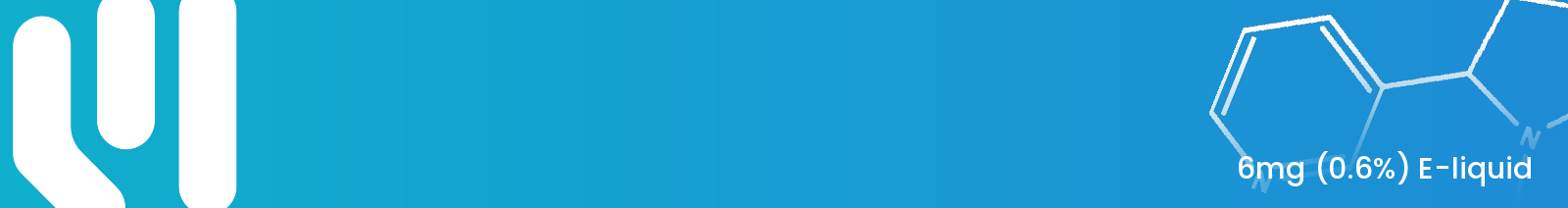 A blue gradient banner with a white stylised logo on the left and an outlined nicotine molecule diagram on the right, with white text reading "6mg (0.6%) E-liquid".