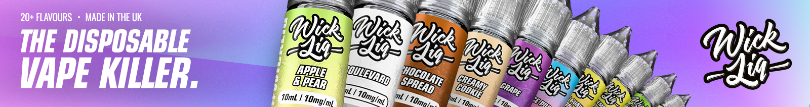 A purple gradient Wick Liq Bar Juice collection banner reading "The Disposable Vape Killer," with a row of flavoured bottles and the Wick Liq logo.