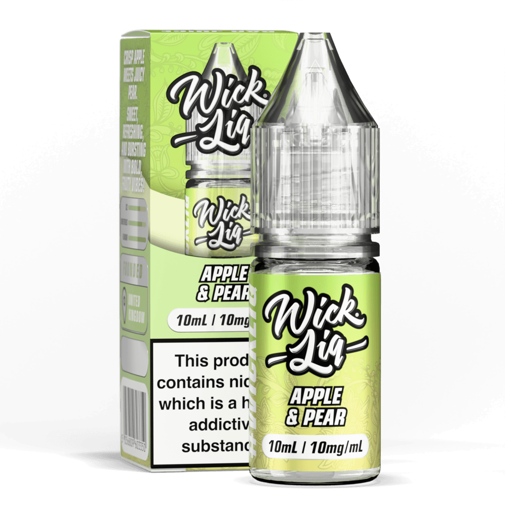 Wick Liq Bar Juice Apple & Pear 10ml nic salt bottle and box, green gradient design, 'Wick Liq' script logo, clear bottle with clear cap, 10mg/mL strength badge, nicotine addictive warning text on box