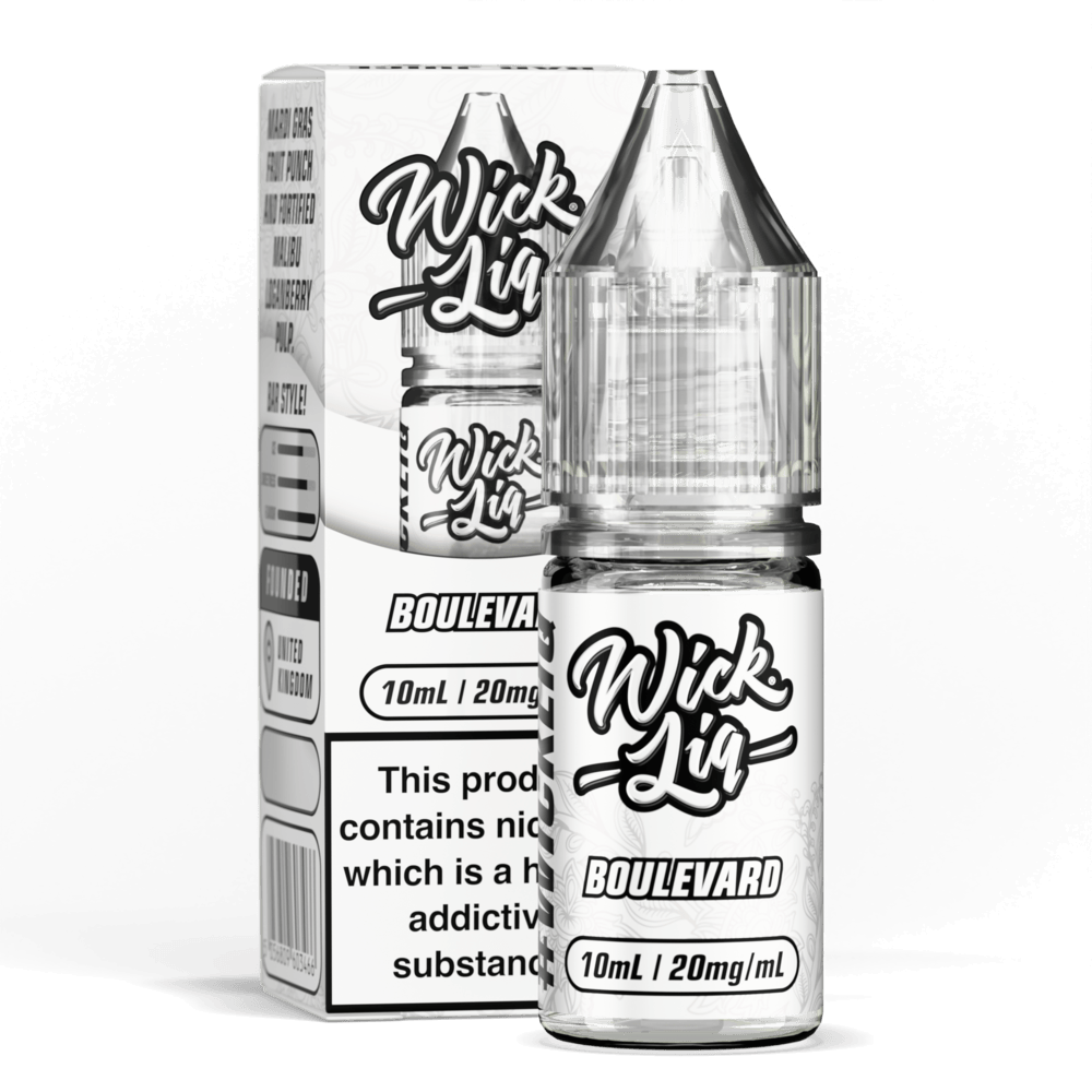 Wick Liq Bar Juice Boulevard 10ml nic salt bottle and box, white label design, 'Wick Liq' script logo, clear bottle with clear cap, 20mg/mL strength badge, nicotine addictive warning text on box