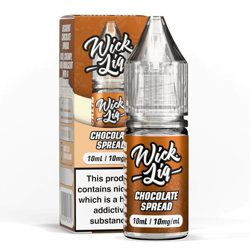 Wick Liq Bar Juice Chocolate Spread 10ml nic salt bottle and box, orange-brown gradient design, 'Wick Liq' script logo, clear bottle with clear cap, 10mg/mL strength badge, nicotine addictive warning text on box
