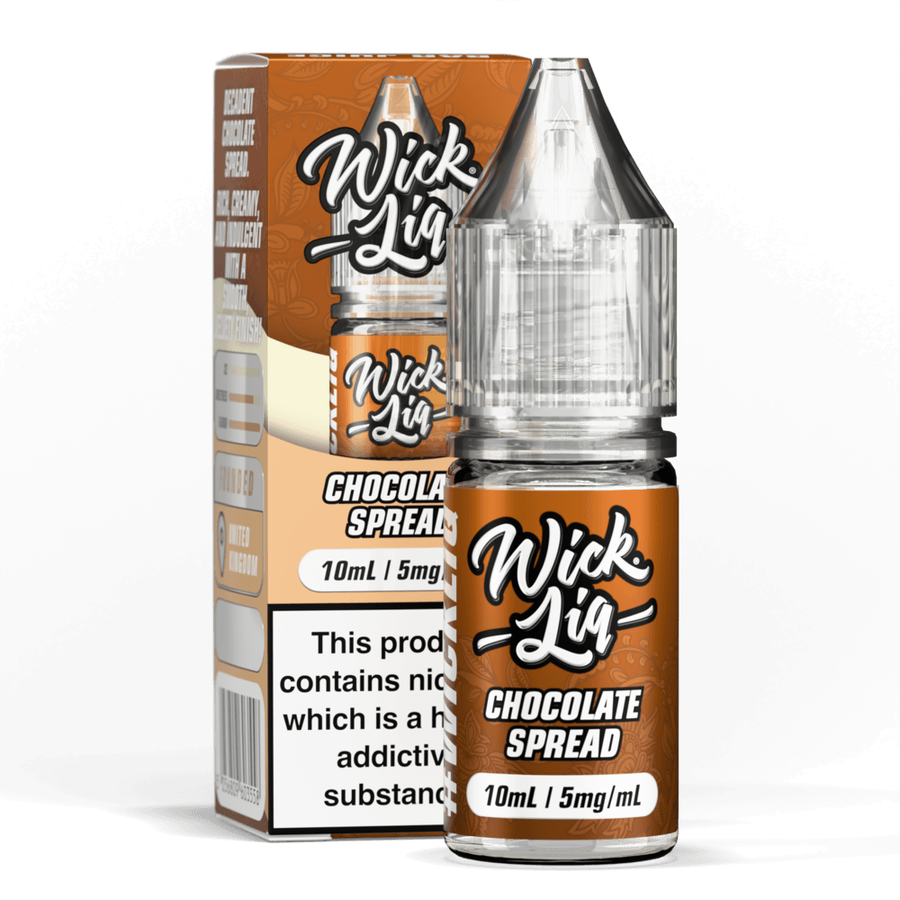 Wick Liq Bar Juice Chocolate Spread 10ml nic salt bottle and box, orange-brown gradient design, 'Wick Liq' script logo, clear bottle with clear cap, 5mg/mL strength badge, nicotine addictive warning text on box