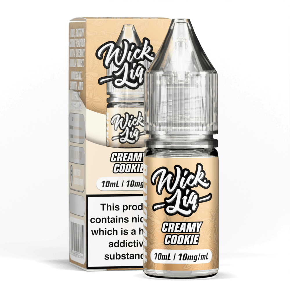 Wick Liq Bar Juice Creamy Cookie 10ml nic salt bottle and box, tan/cream gradient design, 'Wick Liq' script logo, clear bottle with clear cap, 10mg/mL strength badge, nicotine addictive warning text on box