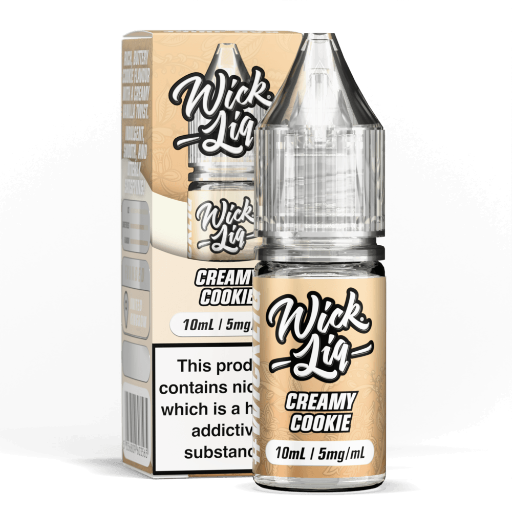 Wick Liq Bar Juice Creamy Cookie 10ml nic salt bottle and box, tan/cream gradient design, 'Wick Liq' script logo, clear bottle with clear cap, 5mg/mL strength badge, nicotine addictive warning text on box