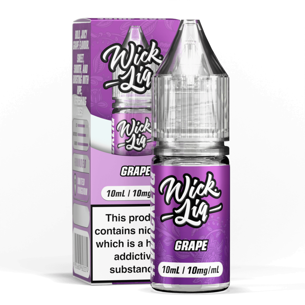 Wick Liq Bar Juice Grape 10ml nic salt bottle and box, purple gradient design, 'Wick Liq' script logo, clear bottle with clear cap, 10mg/mL strength badge, nicotine addictive warning text on box