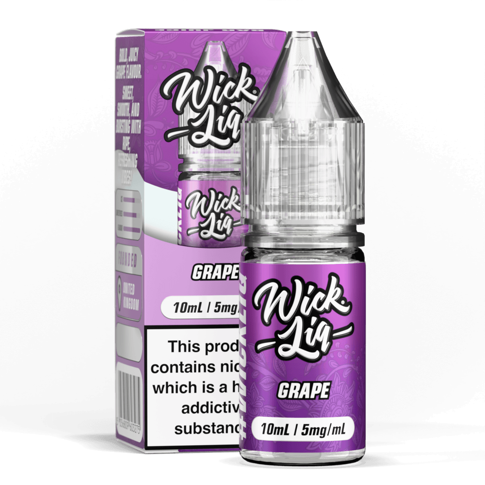 Wick Liq Bar Juice Grape 10ml nic salt bottle and box, purple gradient design, 'Wick Liq' script logo, clear bottle with clear cap, 5mg/mL strength badge, nicotine addictive warning text on box