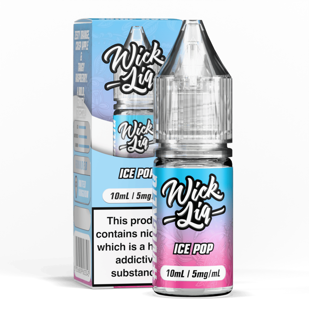 A blue and pink Wick Liq Bar Juice Ice Pop 10ml nicotine salt e-liquid bottle beside its box, 5mg strength.