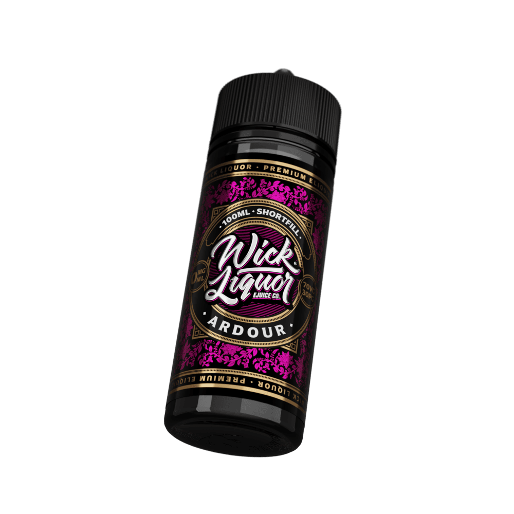 A black 100ml Wick Liquor Ardour shortfill e-liquid bottle tilted at an angle, showing the pink floral, gold-trimmed label.