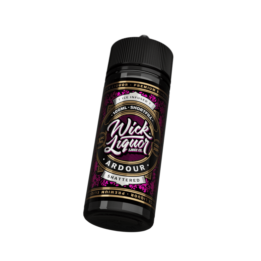 A black 100ml Wick Liquor Ardour Shattered shortfill e-liquid bottle tilted at an angle, showing the "Ice Infused" banner and pink floral label.