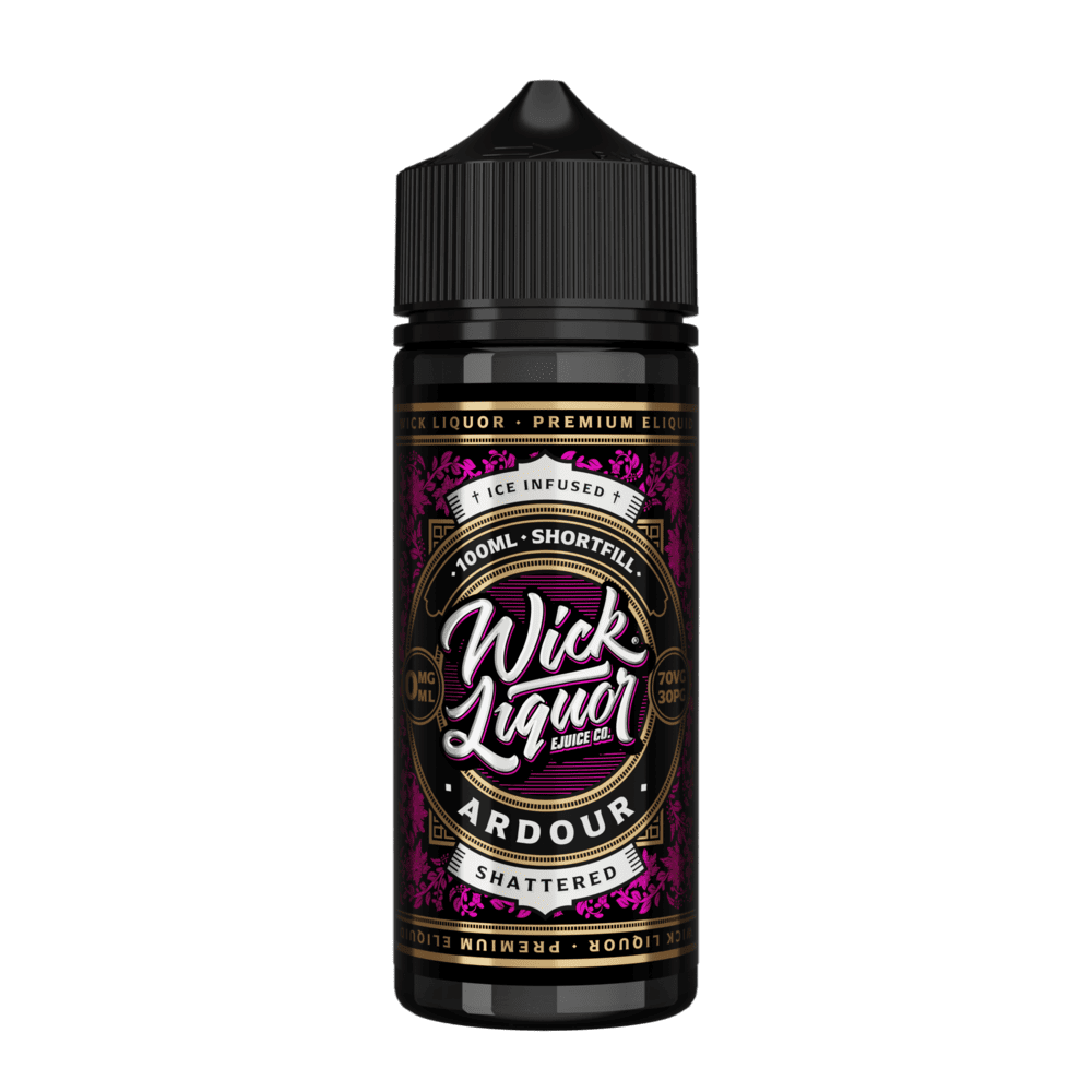 A black 100ml Wick Liquor Ardour Shattered shortfill e-liquid bottle with a black cap, pink floral gold-trimmed label, and an "Ice Infused" banner.