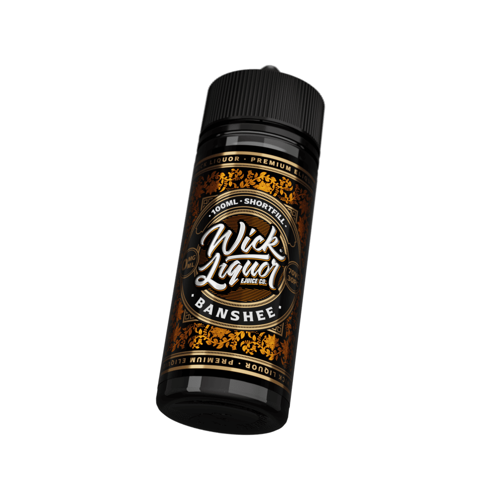 A black 100ml Wick Liquor Banshee shortfill e-liquid bottle tilted at an angle, showing the orange floral, gold-trimmed label.