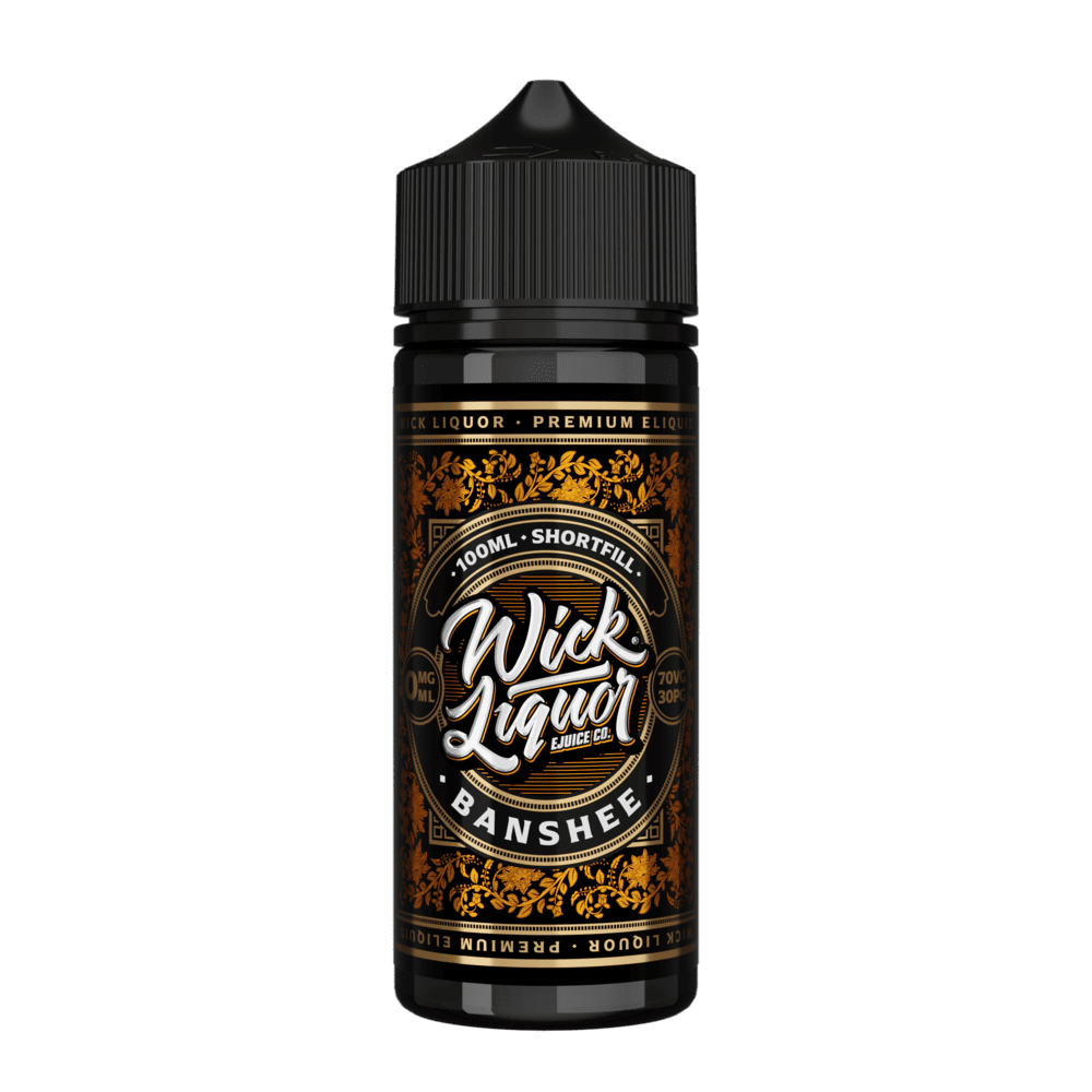 A black 100ml Wick Liquor Banshee shortfill e-liquid bottle with a black cap and an orange floral, gold-trimmed label.