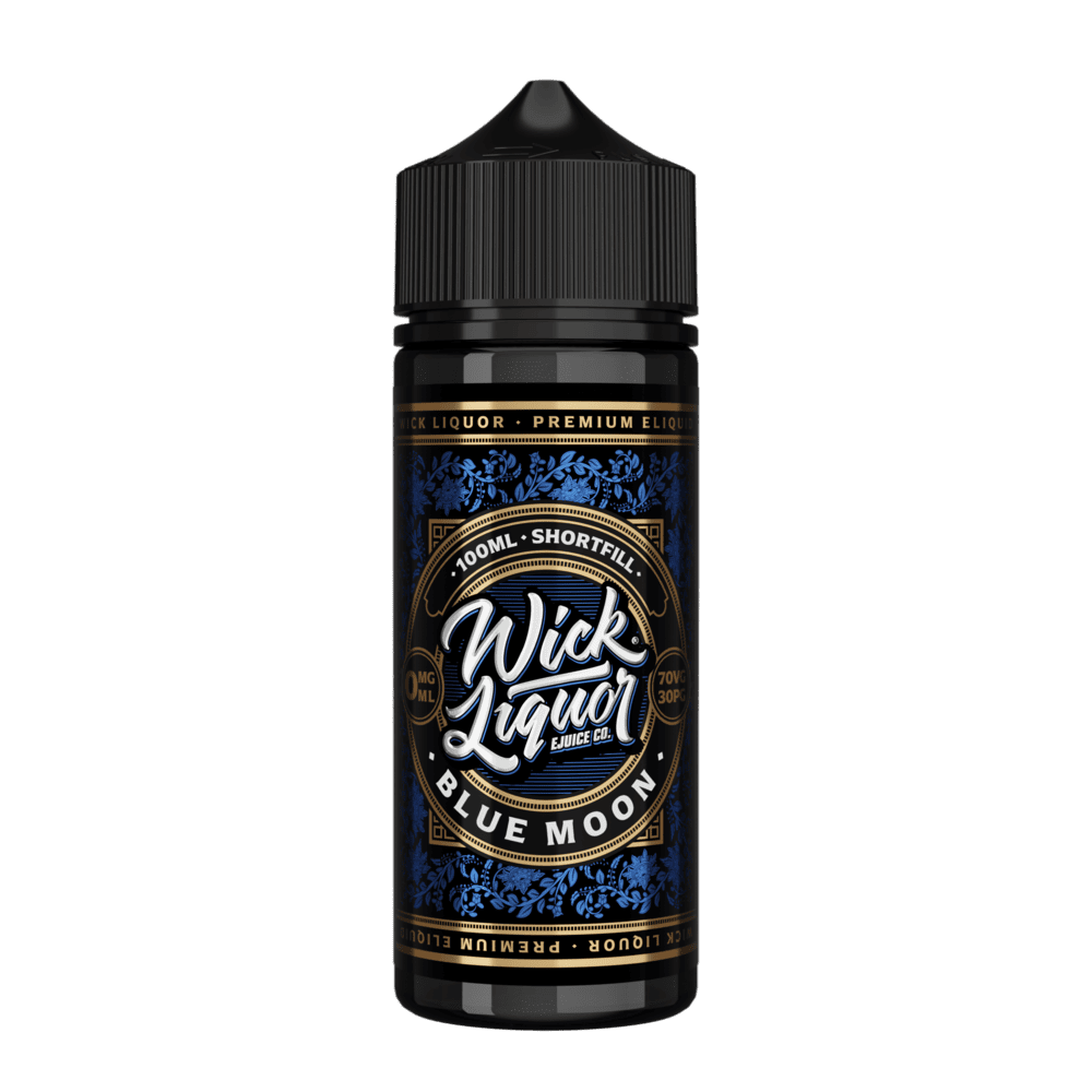 A black 100ml Wick Liquor Blue Moon shortfill e-liquid bottle with a black cap and a blue floral, gold-trimmed label.