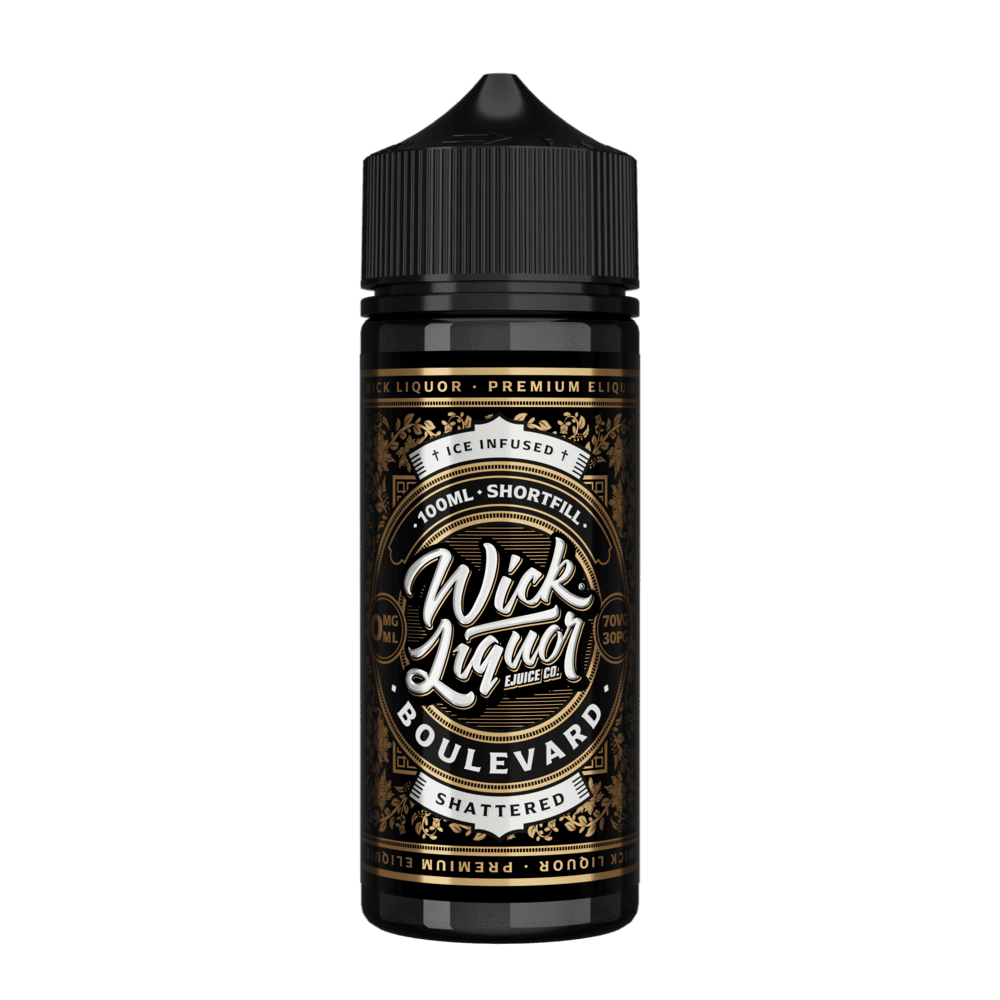 A black 100ml Wick Liquor Boulevard Shattered shortfill e-liquid bottle with a black cap, gold floral label, and an "Ice Infused" banner.