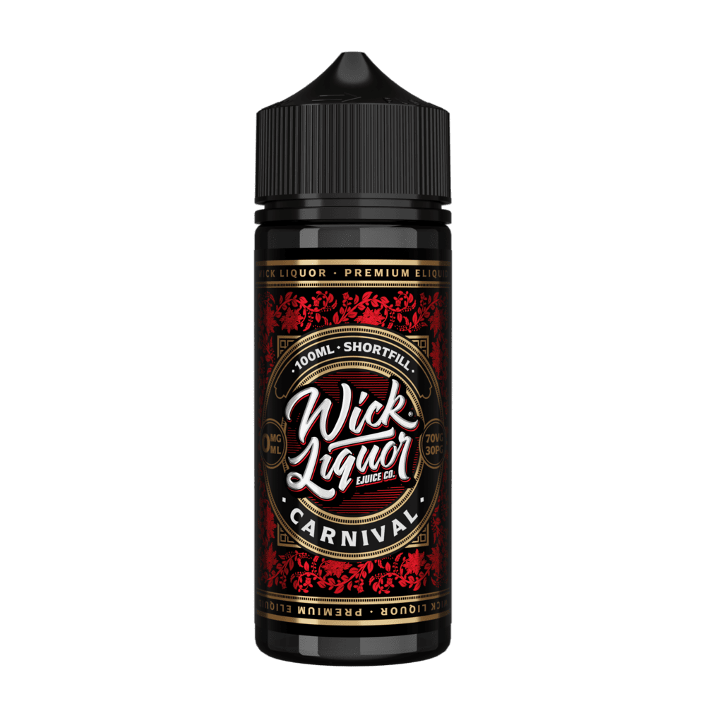 A black 100ml Wick Liquor Carnival shortfill e-liquid bottle with a black cap and a red floral, gold-trimmed label.
