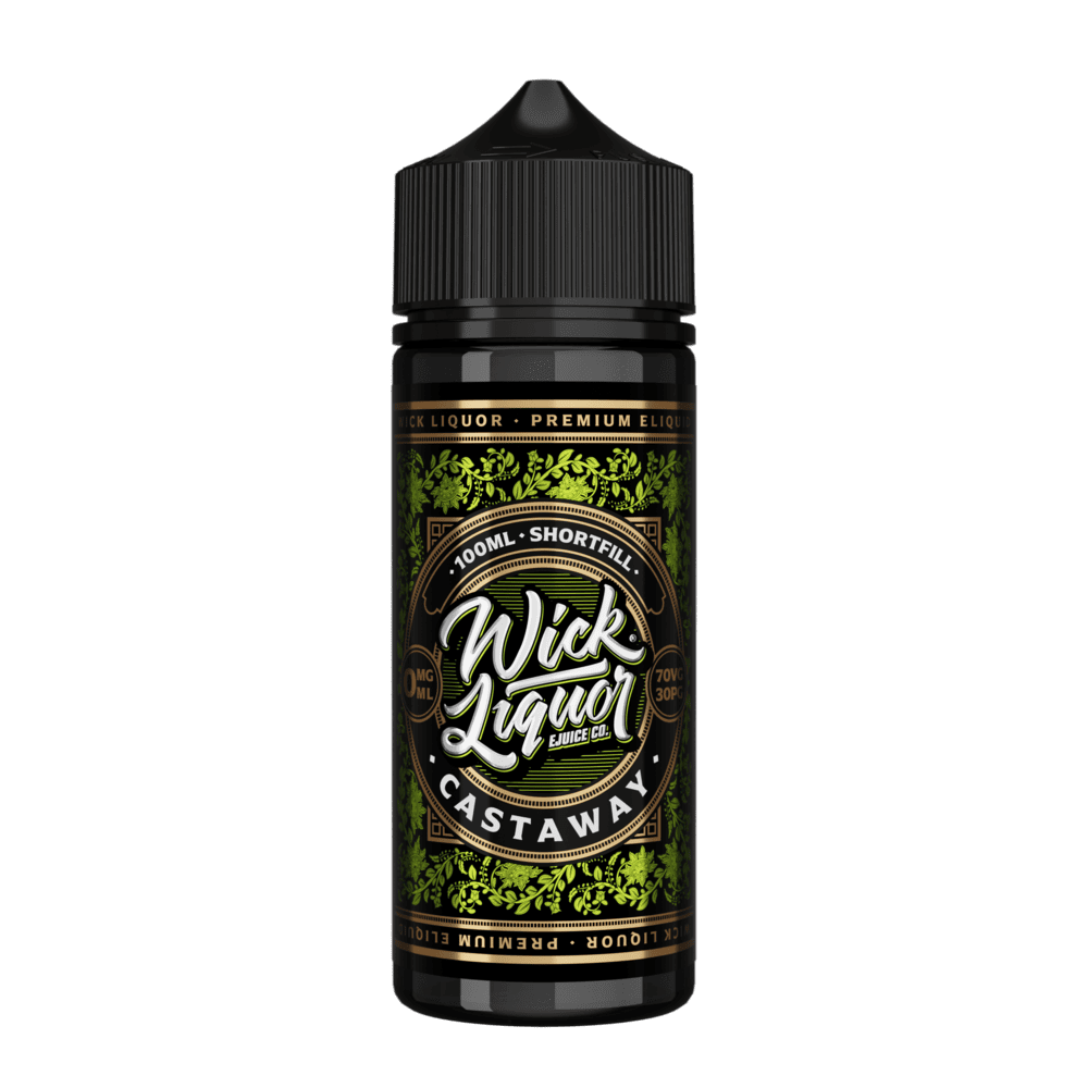 A black 100ml Wick Liquor Castaway shortfill e-liquid bottle with a black cap and a green floral, gold-trimmed label.