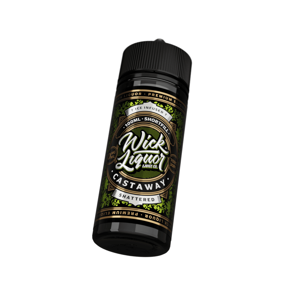 A black 100ml Wick Liquor Castaway Shattered shortfill e-liquid bottle tilted at an angle, showing the "Ice Infused" banner and green floral label.