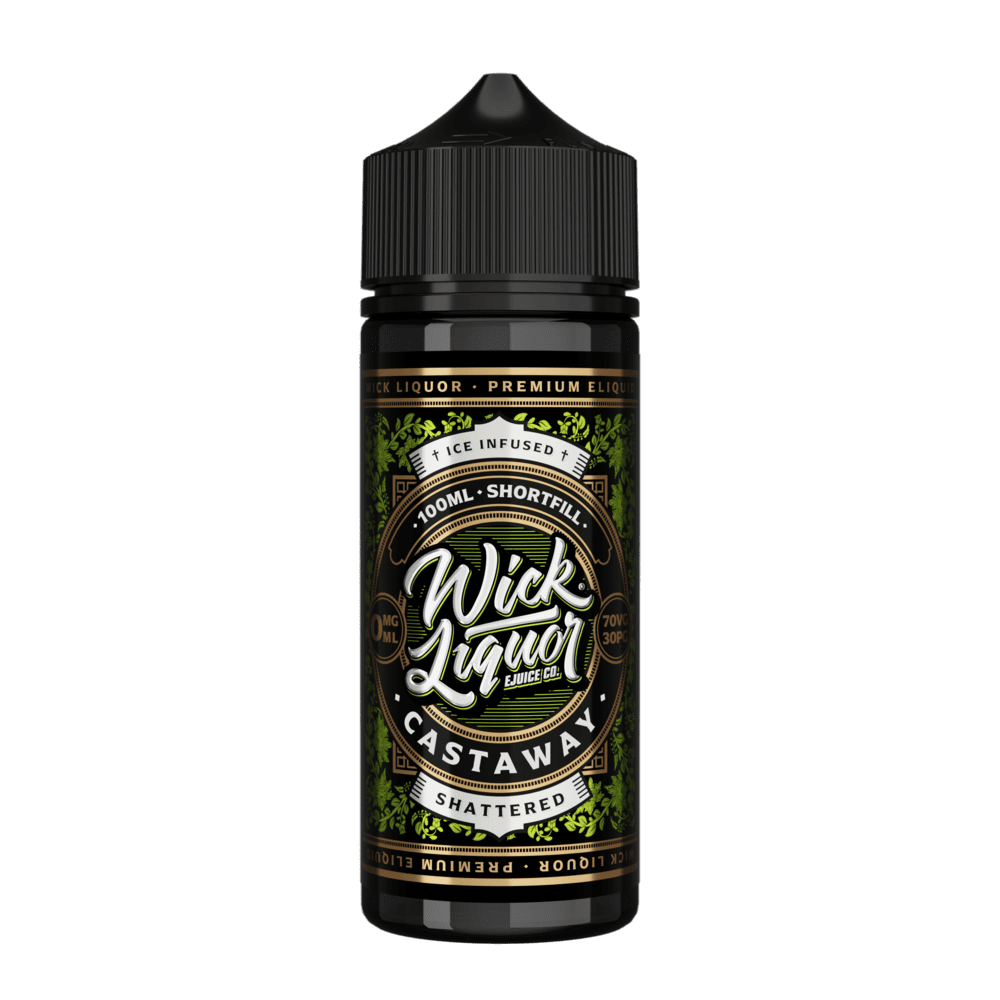 A black 100ml Wick Liquor Castaway Shattered shortfill e-liquid bottle with a black cap, green floral label, and an "Ice Infused" banner.