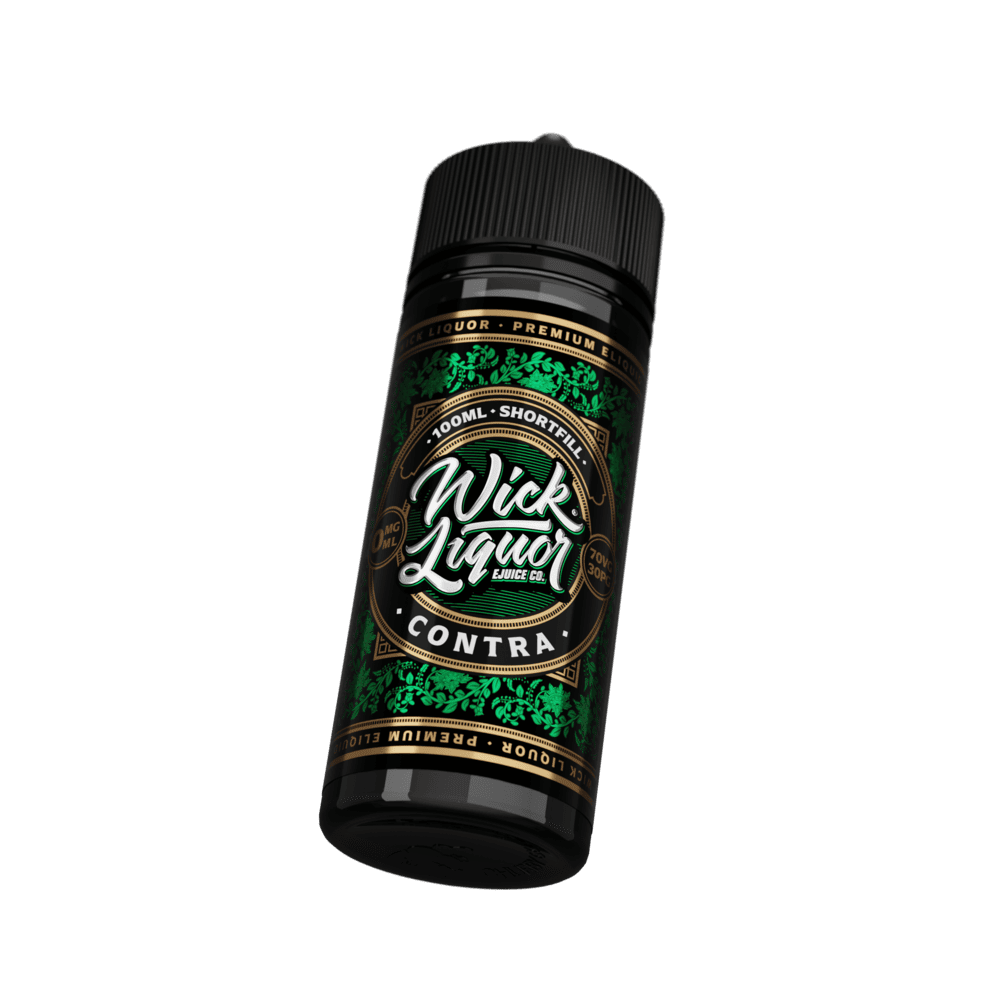 A black 100ml Wick Liquor Contra shortfill e-liquid bottle tilted at an angle, showing the dark green label with gold floral filigree detailing.
