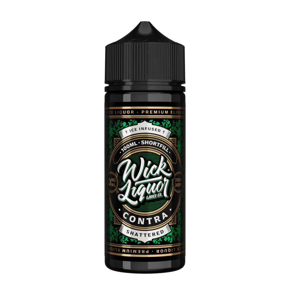 A black 100ml Wick Liquor Contra Shattered shortfill e-liquid bottle with a black cap and dark green label with gold floral filigree detailing.