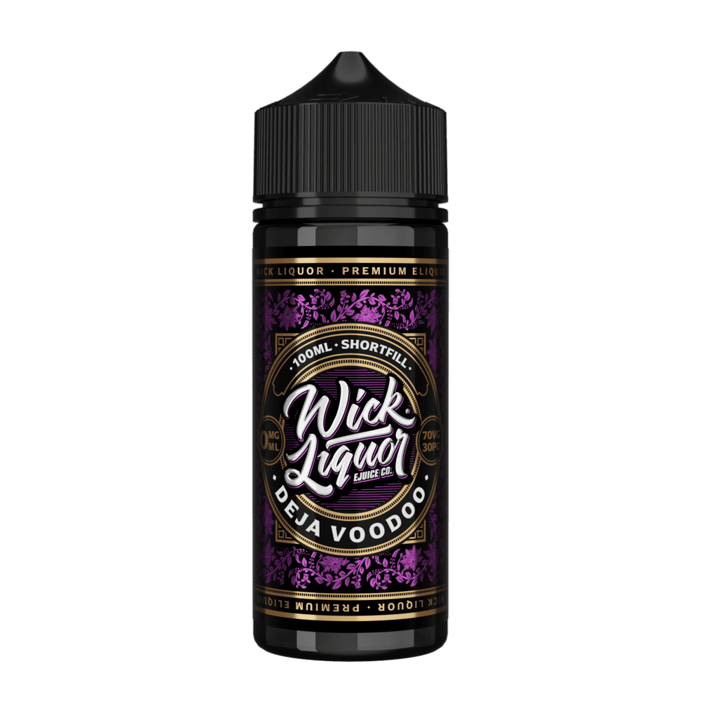 A black 100ml Wick Liquor Deja Voodoo shortfill e-liquid bottle with a black cap and dark purple label with gold floral filigree detailing.