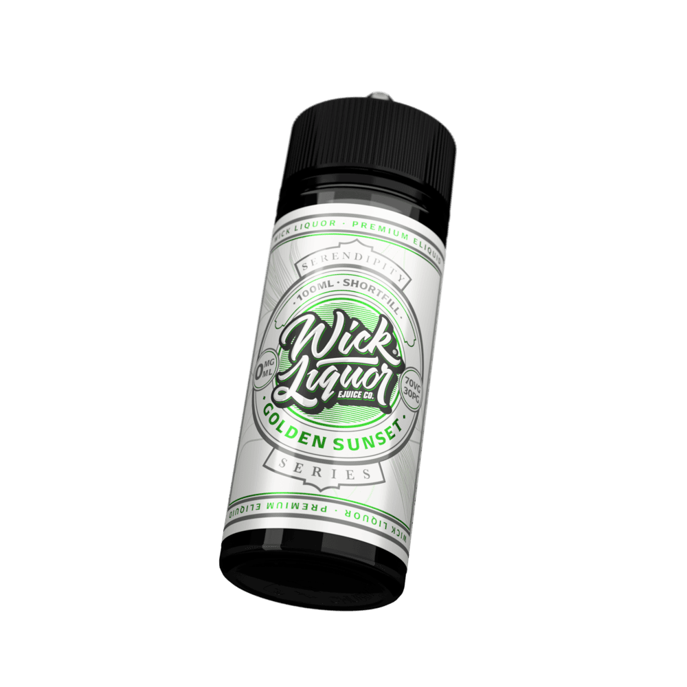 A 100ml Wick Liquor Serendipity Series Golden Sunset shortfill e-liquid bottle tilted at an angle, cream and green label, 0mg.