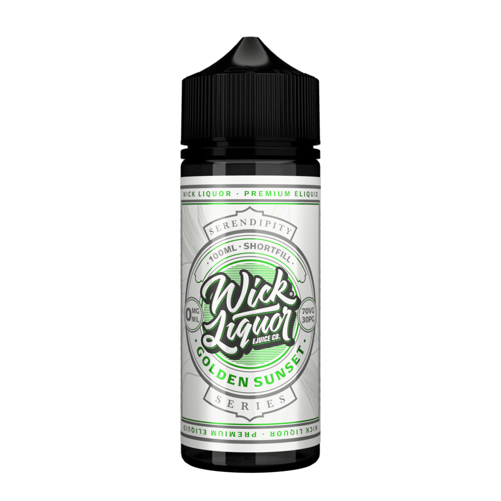 A 100ml Wick Liquor Serendipity Series Golden Sunset shortfill e-liquid bottle with a cream and green label, 0mg.