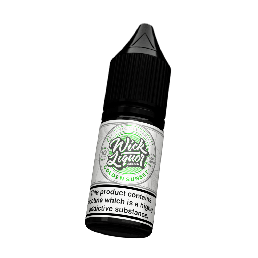 A black Wick Liquor Serendipity Series Golden Sunset 10ml nicotine salt e-liquid bottle tilted at an angle, cream and green label, 10mg strength.