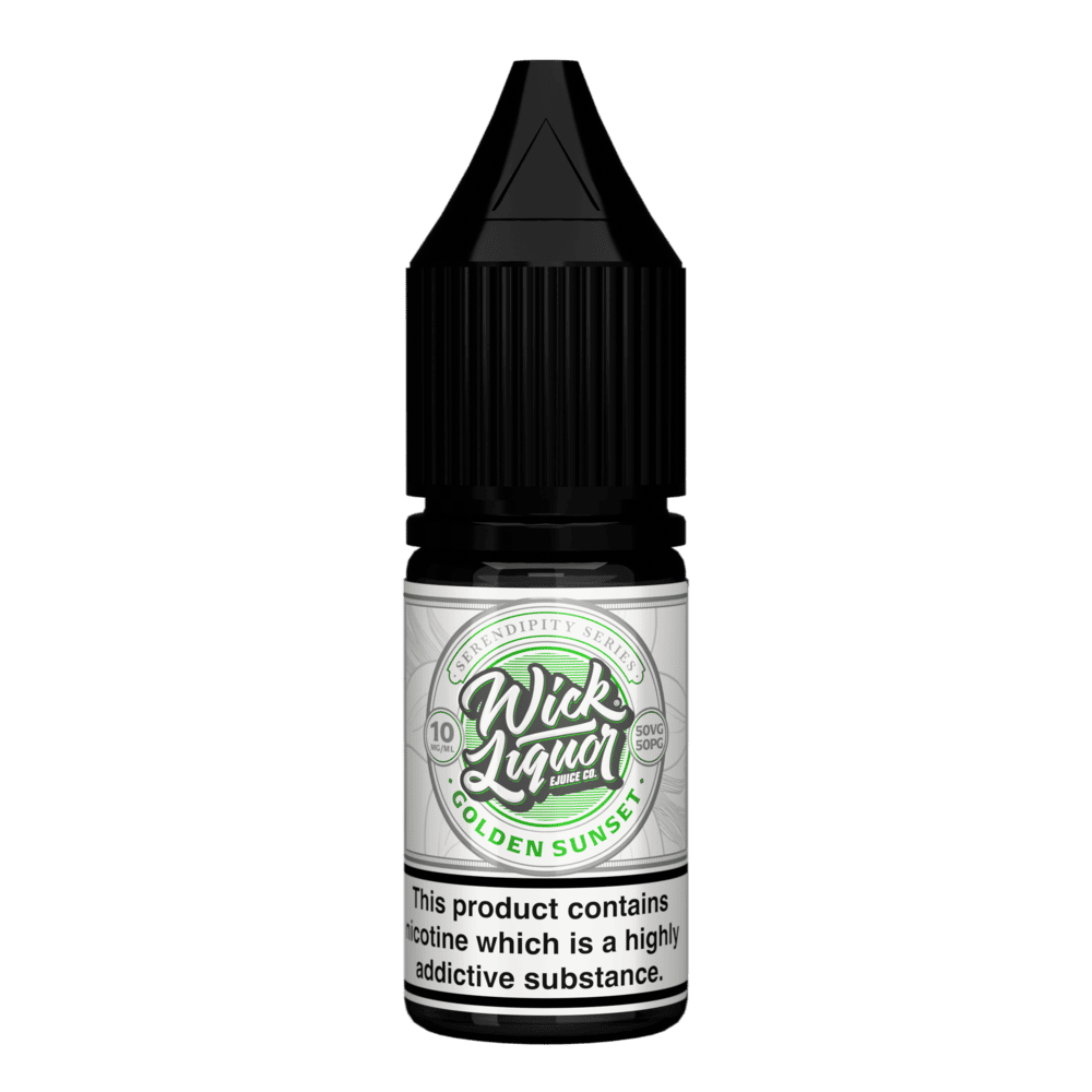 A black Wick Liquor Serendipity Series Golden Sunset 10ml nicotine salt e-liquid bottle with a cream and green label, 10mg strength.