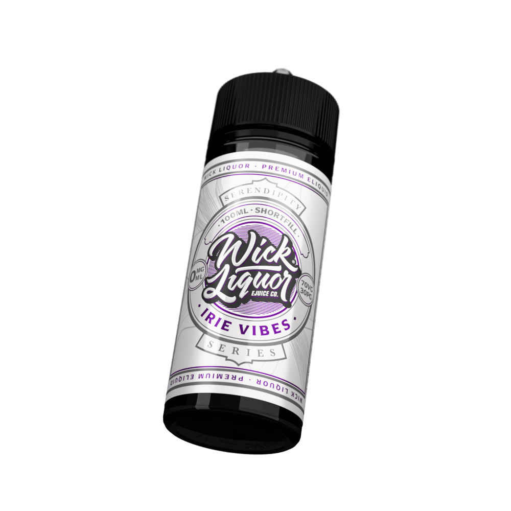 A 100ml Wick Liquor Serendipity Series Irie Vibes shortfill e-liquid bottle tilted at an angle, cream and purple label, 0mg.