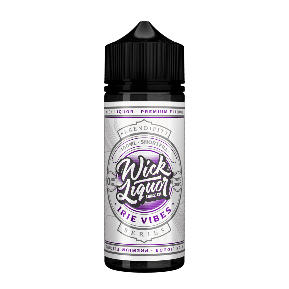 A 100ml Wick Liquor Serendipity Series Irie Vibes shortfill e-liquid bottle with a cream and purple label, 0mg.