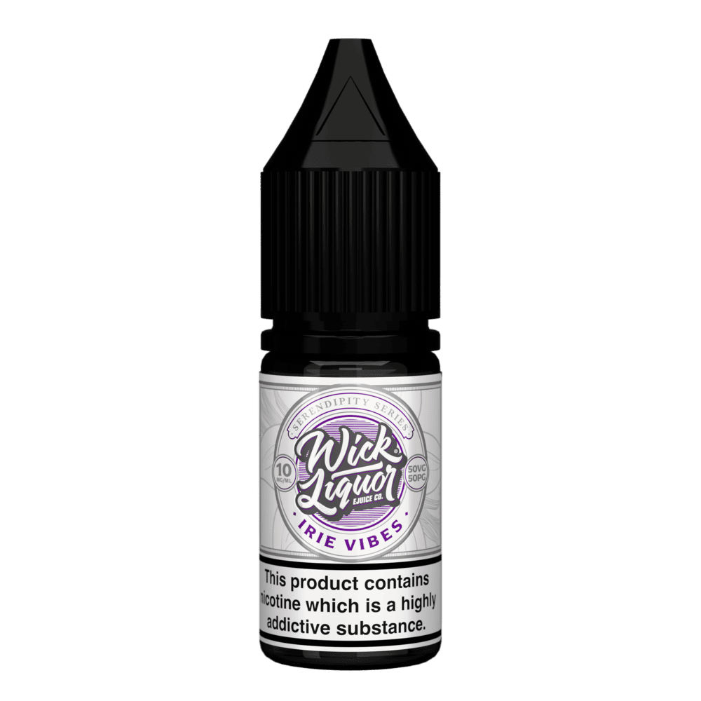 Irie Vibes, straight-on shot, 10mg.

Alt text (primary): A black Wick Liquor Serendipity Series Irie Vibes 10ml nicotine salt e-liquid bottle with a cream and purple label, 10mg strength.