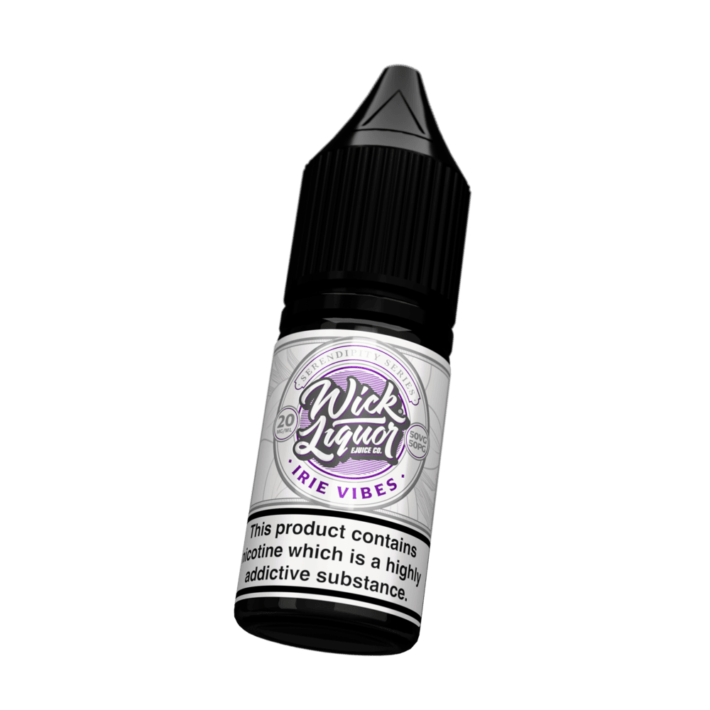 A black Wick Liquor Serendipity Series Irie Vibes 10ml nicotine salt e-liquid bottle tilted at an angle, cream and purple label, 20mg strength.