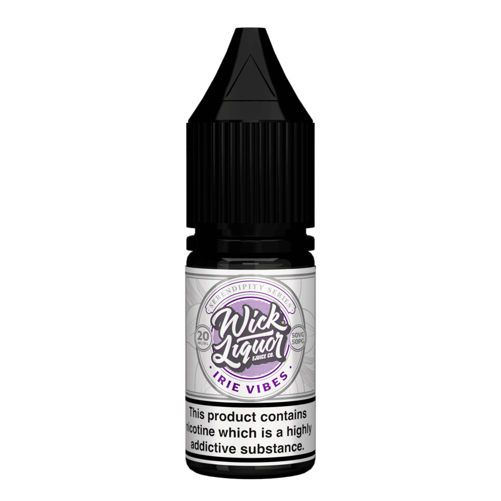 A black Wick Liquor Serendipity Series Irie Vibes 10ml nicotine salt e-liquid bottle with a cream and purple label, 20mg strength.