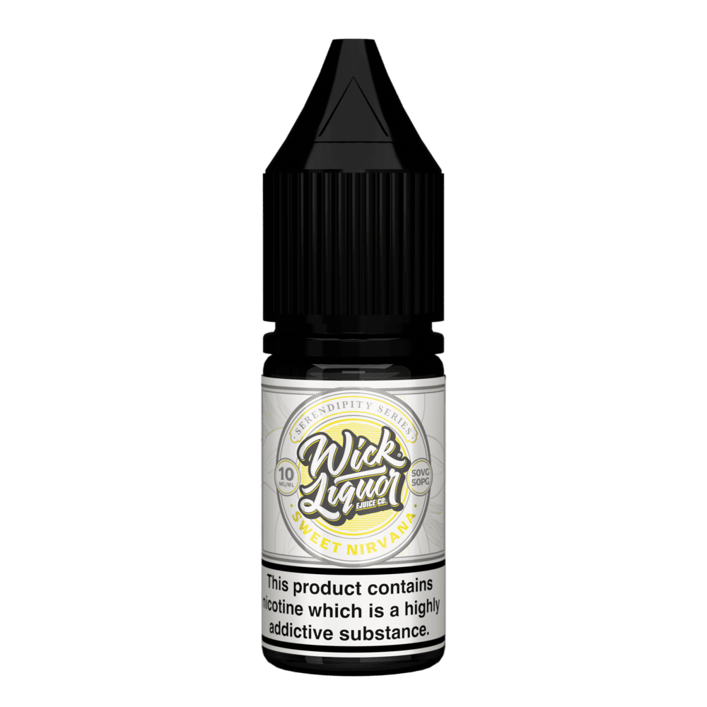 A black Wick Liquor Serendipity Series Sweet Nirvana 10ml nicotine salt e-liquid bottle with a cream label, 10mg strength.