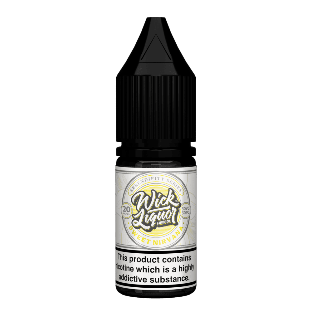 A black Wick Liquor Serendipity Series Sweet Nirvana 10ml nicotine salt e-liquid bottle with a cream label, 20mg strength.