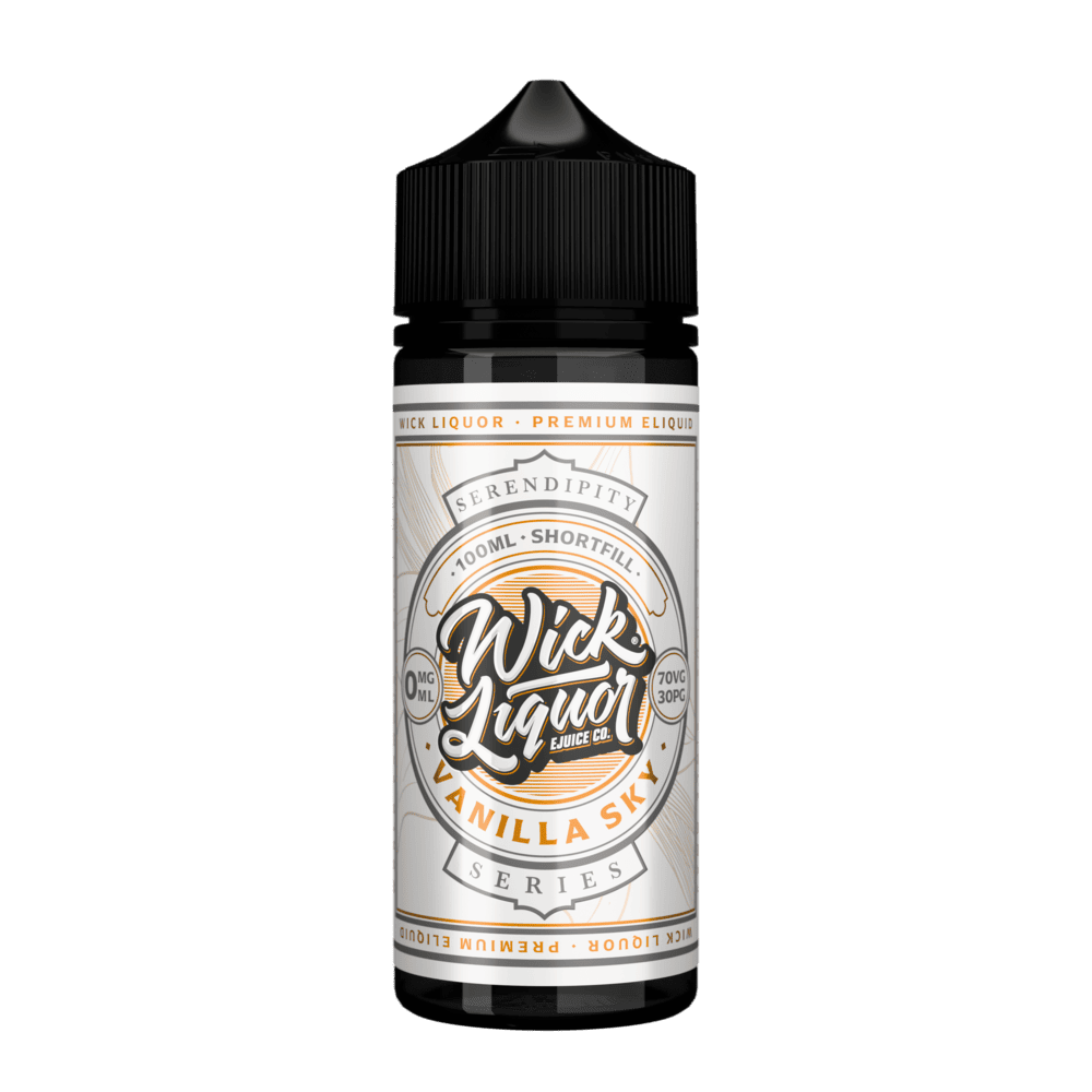 A 100ml Wick Liquor Serendipity Series Vanilla Sky shortfill e-liquid bottle with a cream and orange label, 0mg.