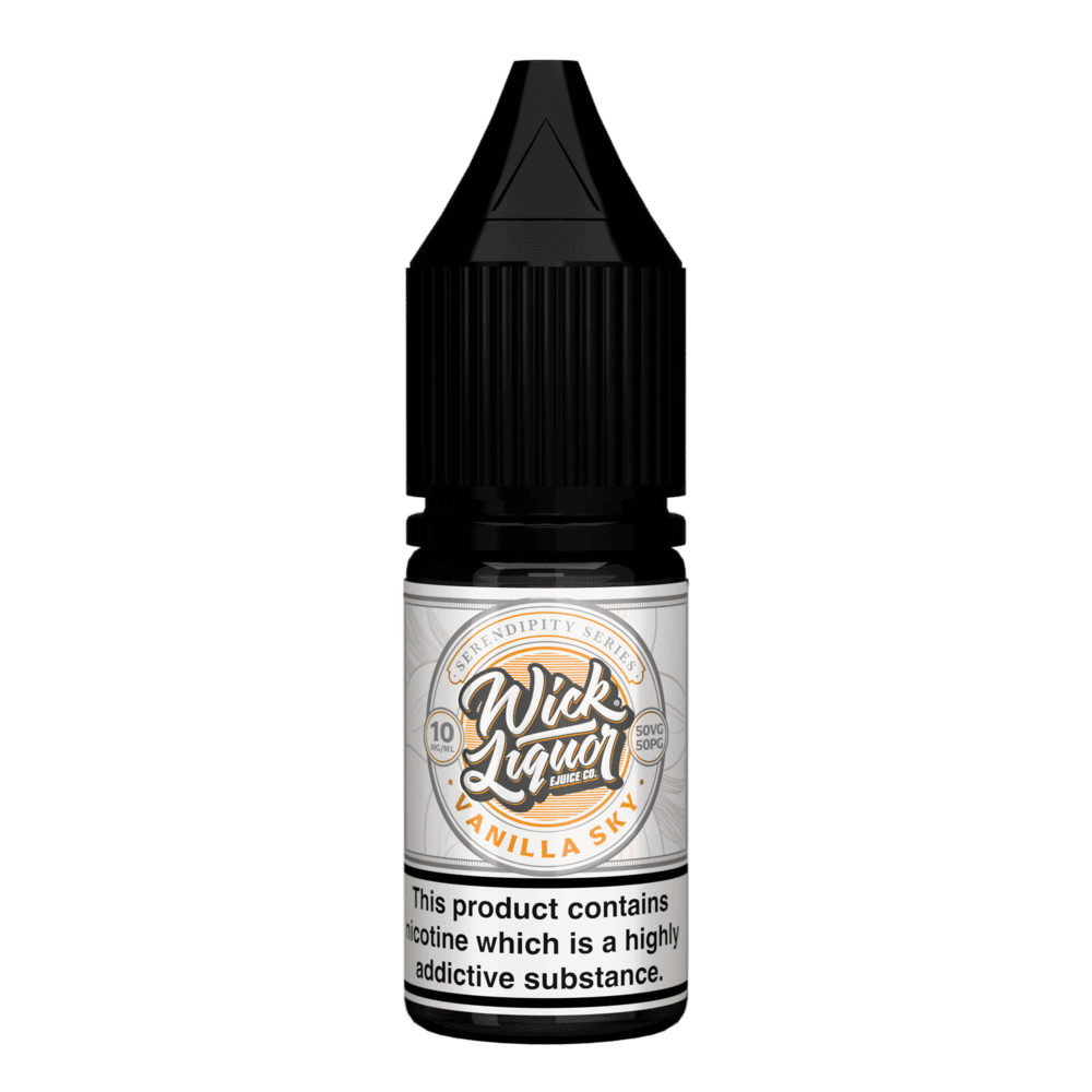 A black Wick Liquor Serendipity Series Vanilla Sky 10ml nicotine salt e-liquid bottle with a cream and orange label, 10mg strength.