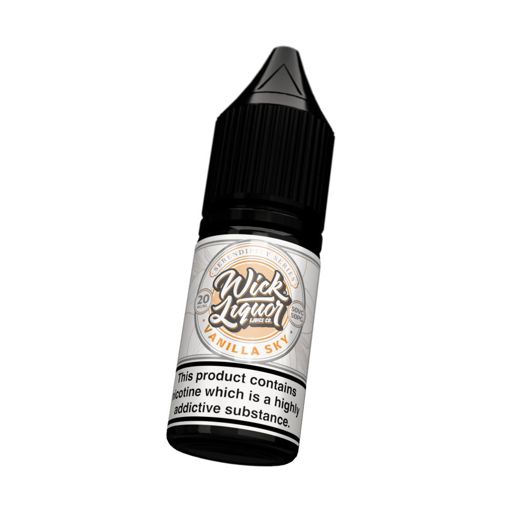 A black Wick Liquor Serendipity Series Vanilla Sky 10ml nicotine salt e-liquid bottle tilted at an angle, cream and orange label, 20mg strength.