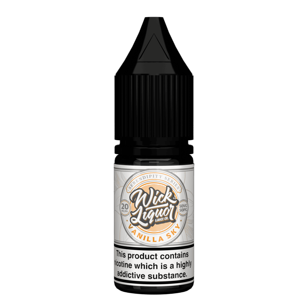 A black Wick Liquor Serendipity Series Vanilla Sky 10ml nicotine salt e-liquid bottle with a cream and orange label, 20mg strength.
